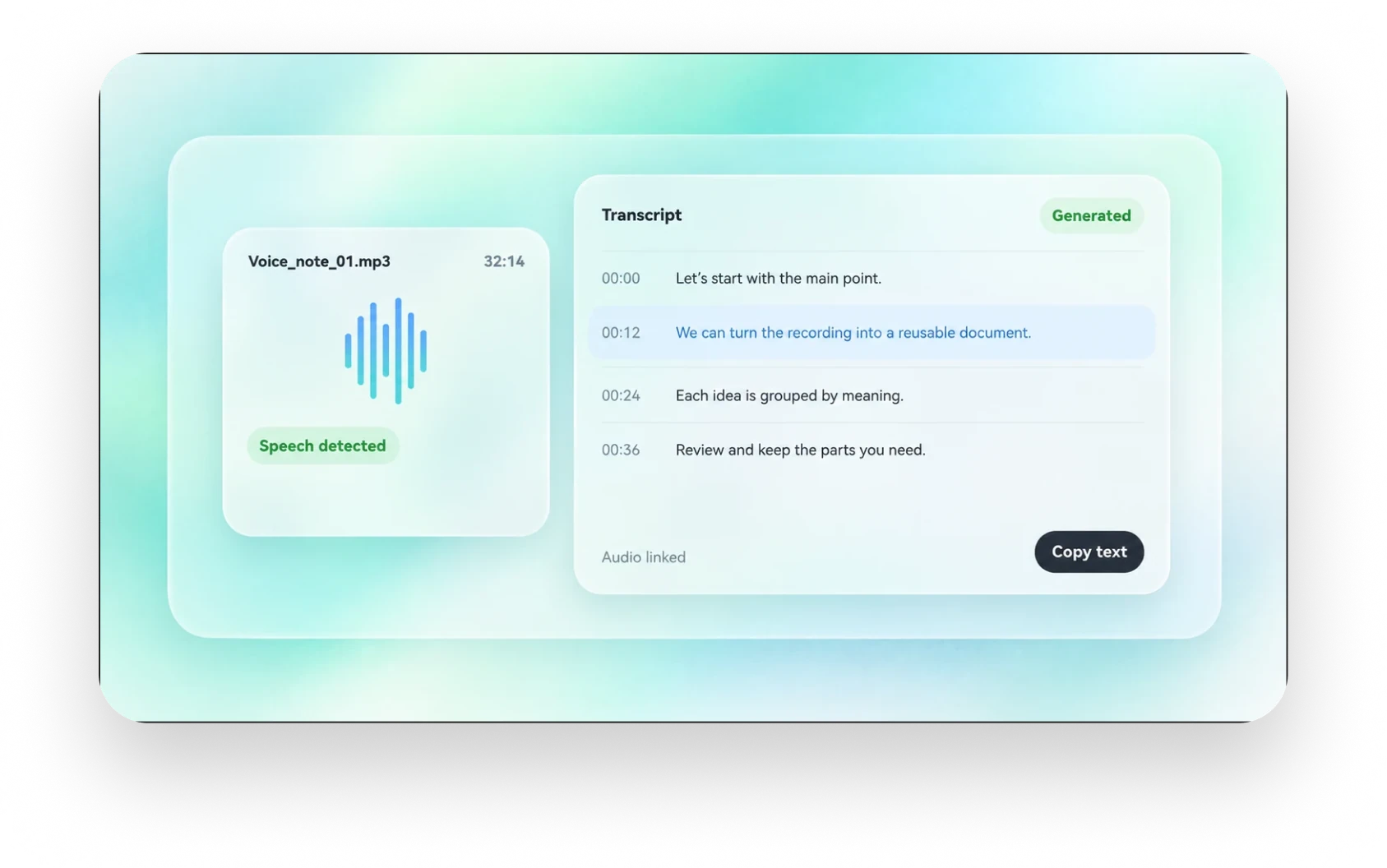 An audio waveform and the transcript it generated