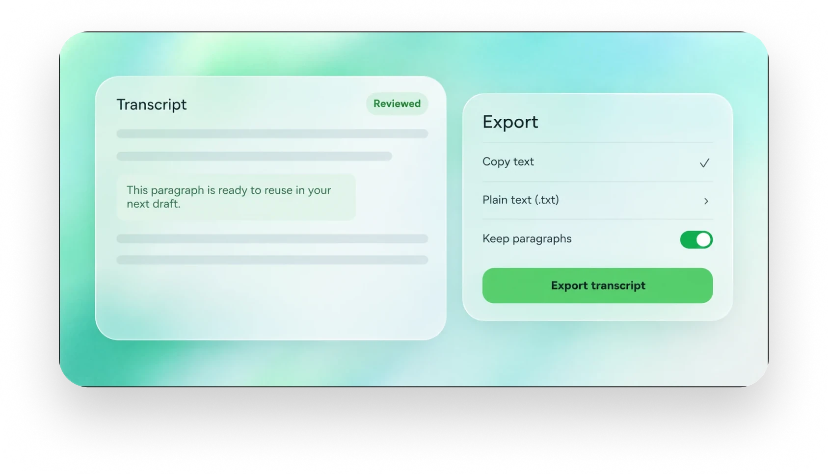 Proofreading a transcript and copying or exporting it